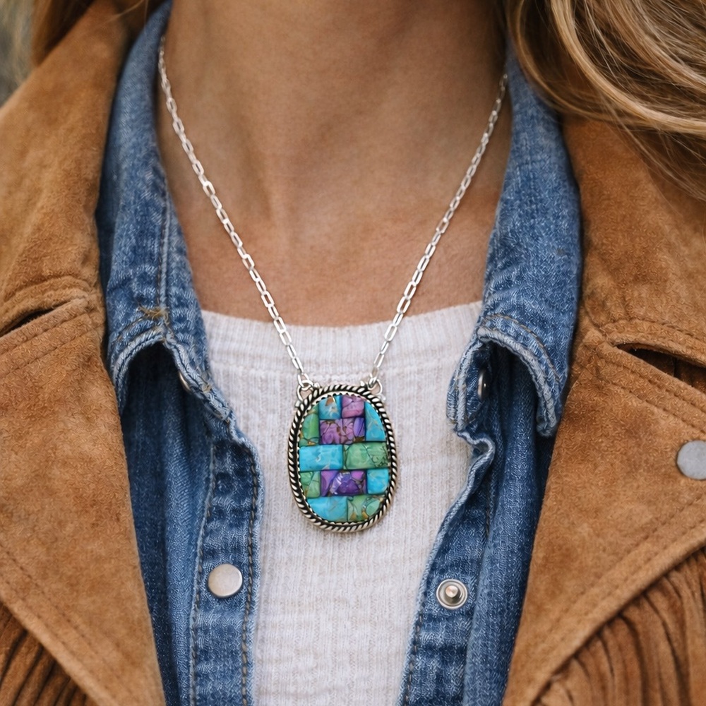 Green Apple Mojave & Dahlia Mosaic Inlay Necklace | 925 Sterling Silver